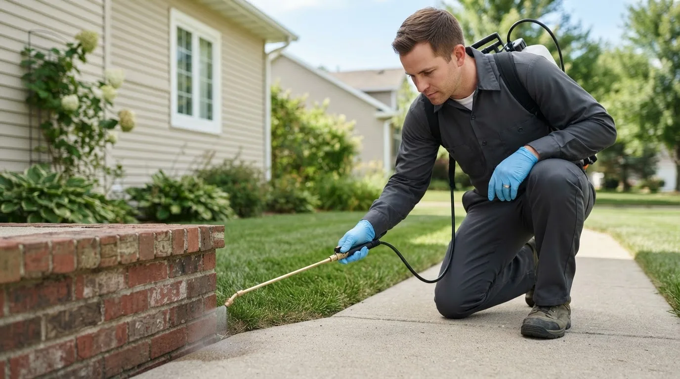 Pest control technician treating a home near Leming, TX
