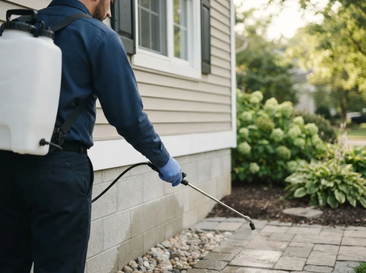 Pest control technician inspecting a home in Leming, TX